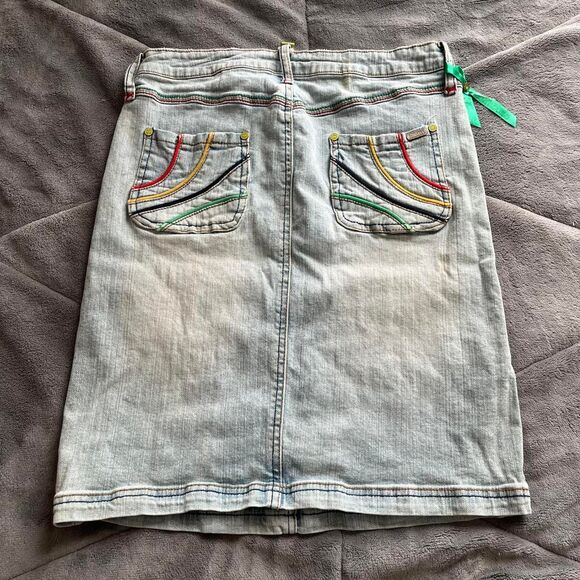Vintage Y2K indie retro Dollhouse rainbow light wash denim midi skirt size 7 - Picture 3 of 8